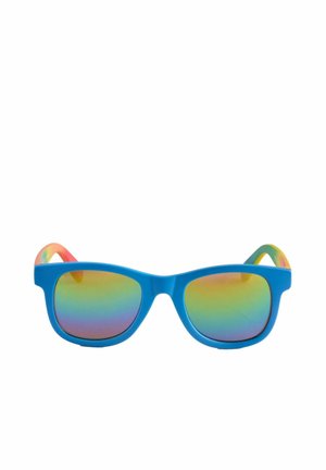 Blue frame sunglasses with rainbow-colored reflective lenses and matching rainbow-patterned temples, shown against a white background.
