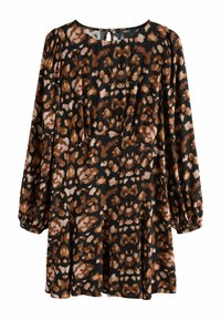 Haljina s leopard uzorkom koja se sastoji od crne pozadine s smeškastim i bež mrljama, dugim napuhanim rukavima, uskim korzetom i raširenom suknjom.