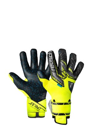 Guanti da portiere con un corpo nero texturizzato caratterizzato da macchie blu, accenti gialli brillanti e un grip nero. Include un cinturino regolabile per il polso.