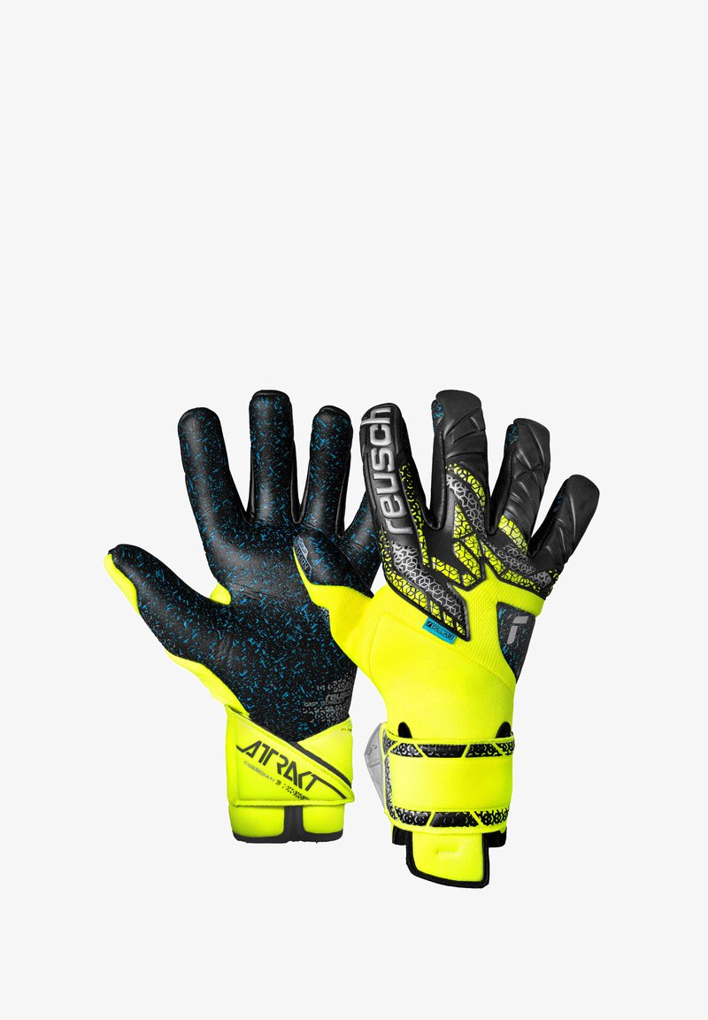 Gants de gardien avec paume en latex noir et bleu tachetée, dos textile jaune, prise texturée et sangle de poignet ajustable.