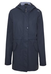 Marinblå regnjacka med huva, med randig innertyg, framsnappar och två sidofickor, tillverkad av ett vattenavvisande material.