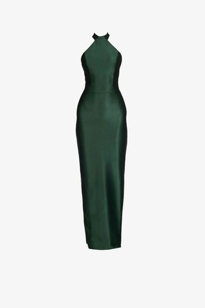 Emerald green satin gown with a high halter neckline and fitted silhouette, long skirt, and smooth, shiny texture.