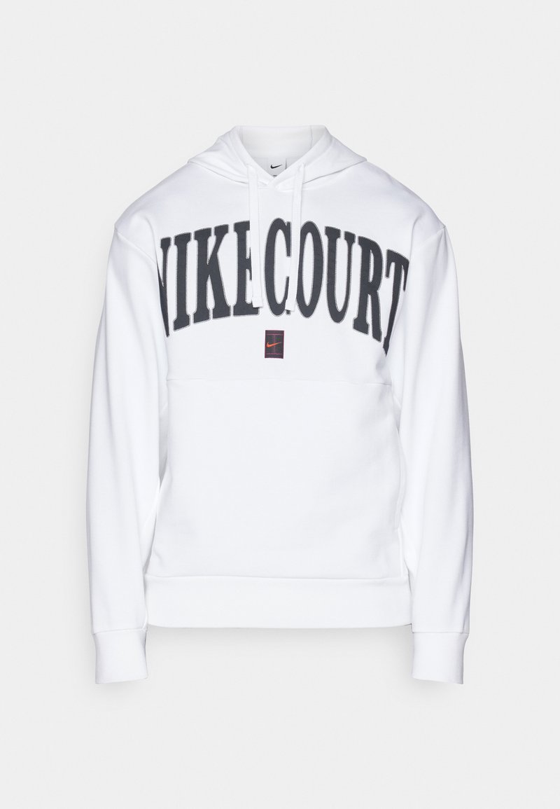 Sudadera con capucha blanca NikeCourt que presenta un gran logo negro en el frontal, un bolsillo tipo canguro y puños acanalados en las mangas y el dobladillo.