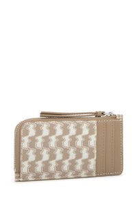Beige leather wallet with a patterned fabric front, featuring a zip closure, card slots, and contrasting stitching.