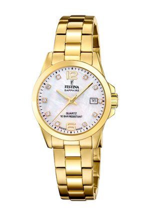 Gold-toned quartz watch with a mother-of-pearl dial, diamond-like hour markers, and a date window, featuring a stainless steel link bracelet.