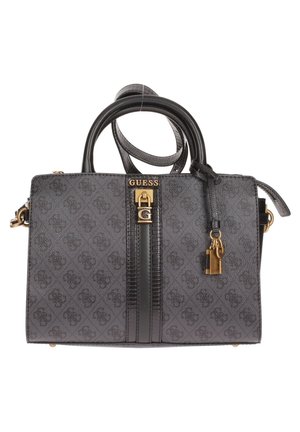 Sac à main noir texturé avec accents dorés, logo de la marque à l'avant, double poignée et bandoulière amovible. Présente un détail de verrouillage et un design à motifs.
