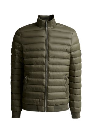 Veste matelassée couleur olive avec col montant, fermeture éclair frontale, poches latérales zippées et poignets et ourlet côtelés.