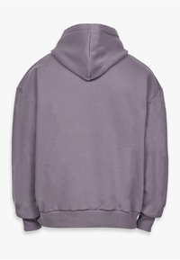 Purple cotton hoodie with a spacious hood, ribbed cuffs, and hem. Smooth texture and relaxed fit, featuring no visible logos or patterns.