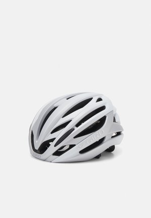 White cycling helmet featuring a sleek aerodynamic design, multiple ventilation slots, and a matte finish with brand logo.