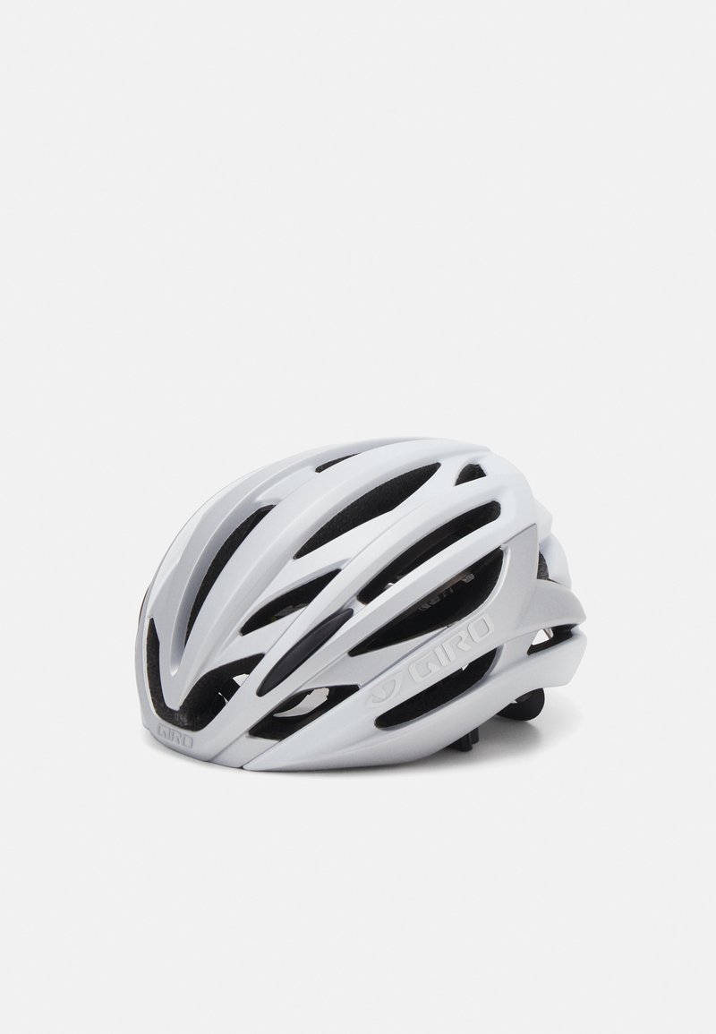 Capacete de ciclismo branco com um design aerodinâmico elegante, várias aberturas de ventilação e um acabamento mate com o logótipo da marca.