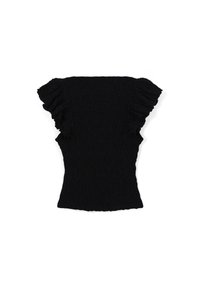 Top nero con maniche corte arricciate, tessuto strutturato, design aderente e orlo ondulato. Colore semplice, solido e dettagli discreti.