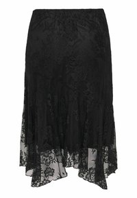 Jupe en dentelle noire avec motif floral, ourlet asymétrique et partie inférieure transparente.