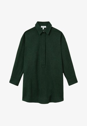 Dunkelgrüner Pullover mit Kragen, langen Ärmeln und einer Knopfleiste vorne. Hergestellt aus weichem Stoff, bietet er eine entspannte Passform und ein minimalistisches Design.