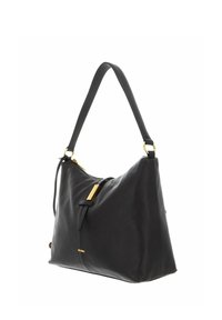 Sac à bandoulière en cuir noir avec une texture lisse, des accents en matériel doré, une bandoulière décorative et une silhouette décontractée.