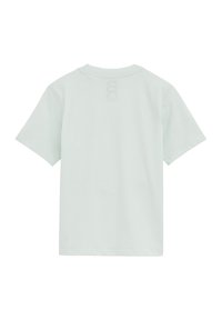 Maglietta verde chiaro in cotone, con maniche corte e scollo tondo. Il retro presenta un logo goffrato discreto vicino al collo.