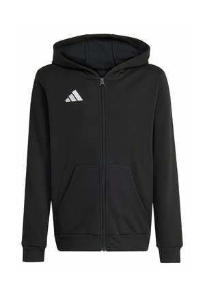 Schwarzer Kapuzenpullover mit durchgehendem Reißverschluss, vorderer Kängurutasche und weißem Adidas-Logo auf der linken Brust, mit langen Ärmeln und angenähter Kapuze.