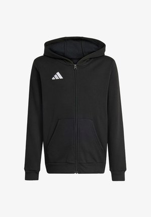 Felpa nera con zip integrale, tasca marsupio frontale e logo Adidas bianco sul lato sinistro del petto, con maniche lunghe e cappuccio attaccato.