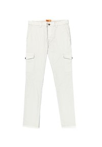 Helle beige Cargo-Hosen aus Baumwolle mit zwei Seitentaschen und zwei Cargo-Taschen, ausgestattet mit einem Reißverschluss und Knopfverschluss am Bund.