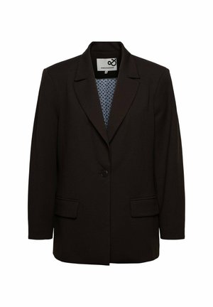 Zwarte blazer met enkele knop, kentkraag, voorzakken met kleppen en een dessin van de binnenvoering.