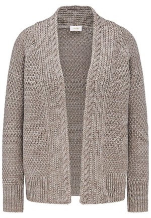 Strickjacke in einem hellbraunen Farbton, mit einem Schalkragen, offenem Front und gerippten Bündchen. Strukturierter Webstoff mit einem gemütlichen Erscheinungsbild.