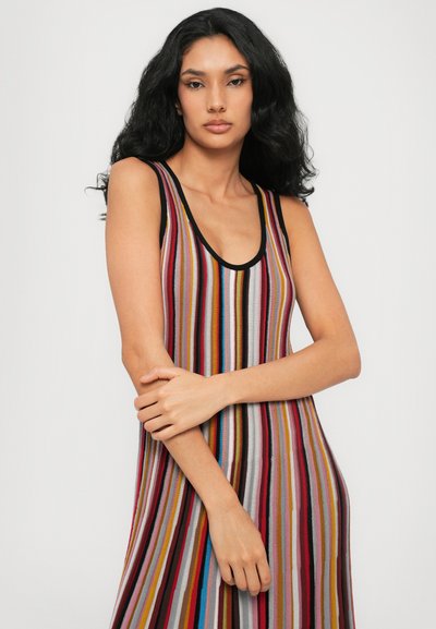 Sleeveless dress with horizontal stripes in shades of pink, red, blue, and gray. Features a deep neckline and ribbed texture.