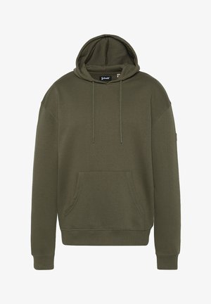 Felpa con cappuccio verde oliva realizzata in morbido cotone. Presenta una tasca frontale a kangaroo, coulisse e polsini e orlo a costine.