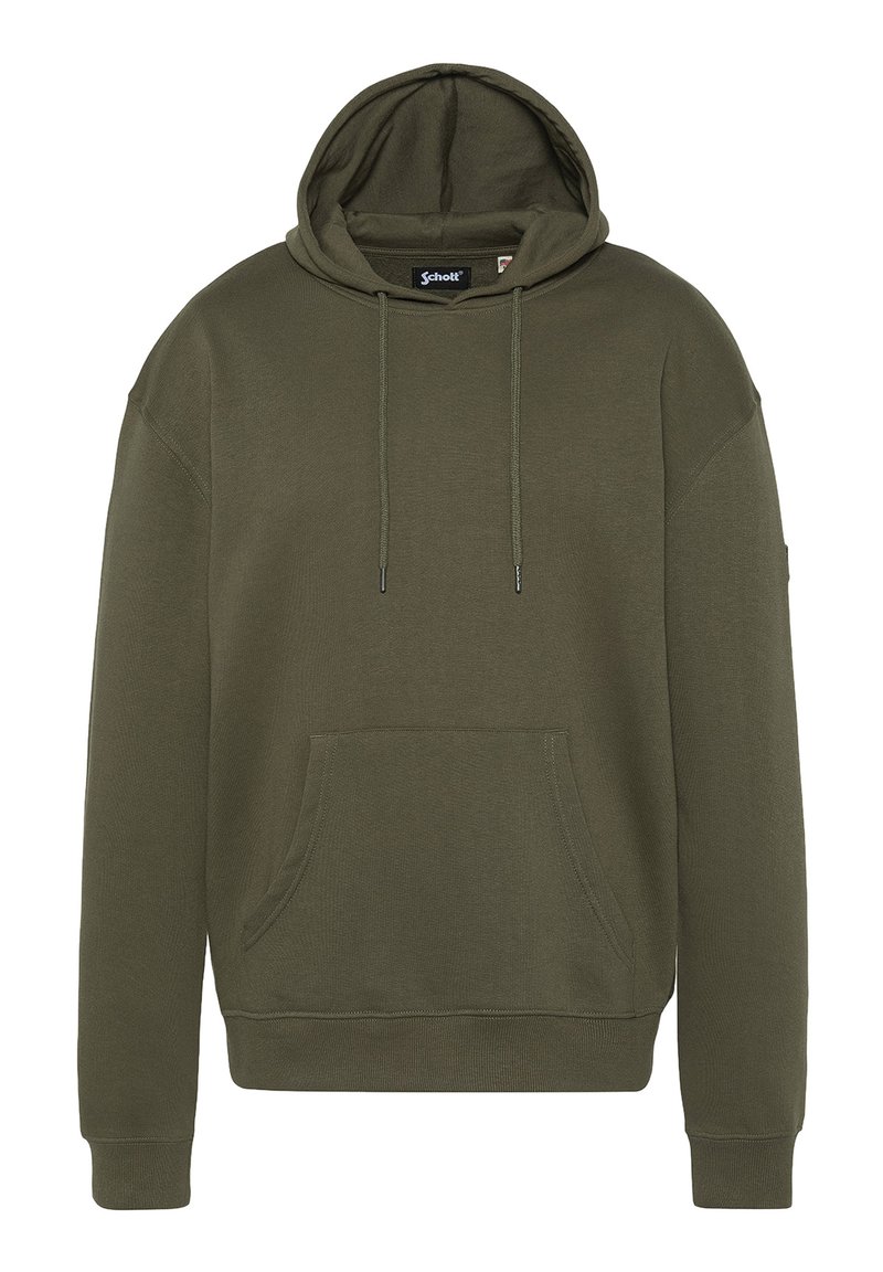 Felpa con cappuccio verde oliva realizzata in morbido cotone. Presenta una tasca frontale a kangaroo, coulisse e polsini e orlo a costine.