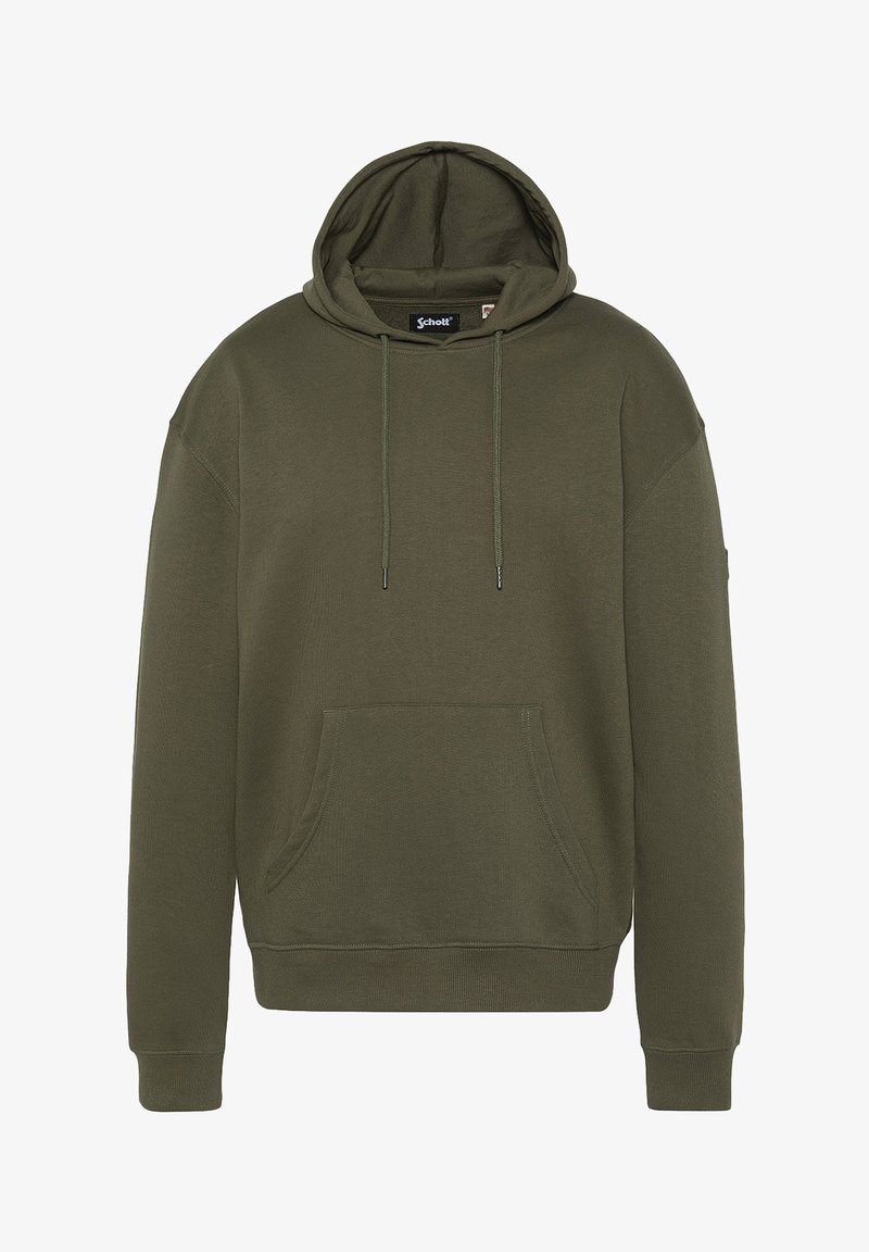 Felpa con cappuccio verde oliva realizzata in morbido cotone. Presenta una tasca frontale a kangaroo, coulisse e polsini e orlo a costine.