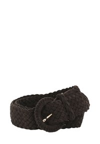Black woven fabric belt with a round buckle and a small metal prong, coiled on a white background.
