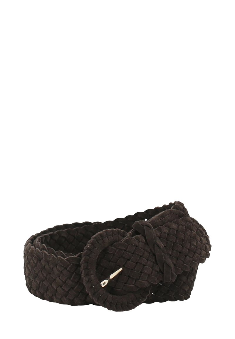 Black woven fabric belt with a round buckle and a small metal prong, coiled on a white background.