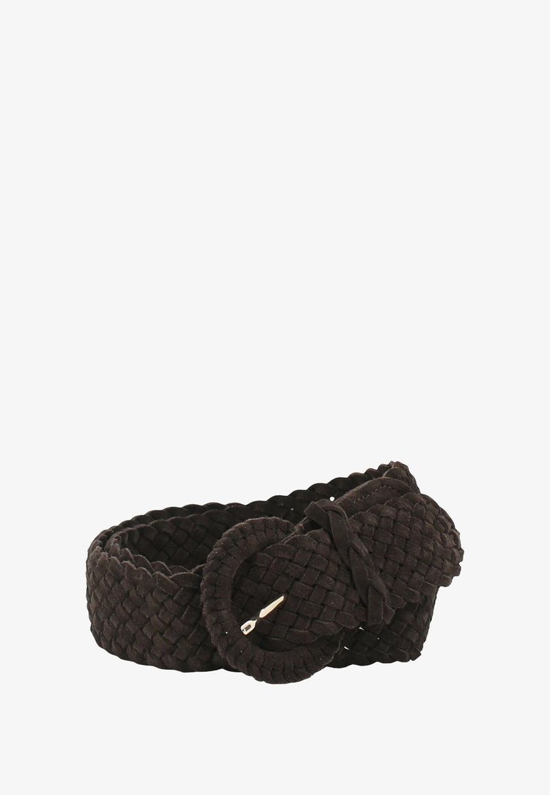 Black woven fabric belt with a round buckle and a small metal prong, coiled on a white background.