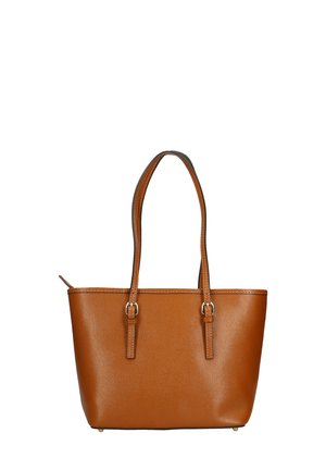Borsa a tracolla sintetica marrone con due manici lunghi, texture liscia, forma rettangolare e dettagli metallici. Parte superiore aperta senza chiusura visibile.