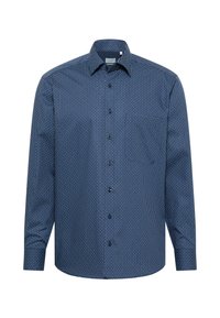 Camicia a maniche lunghe blu navy con un piccolo motivo geometrico, colletto con bottoni e una tasca sul petto. Tessuto in cotone liscio.