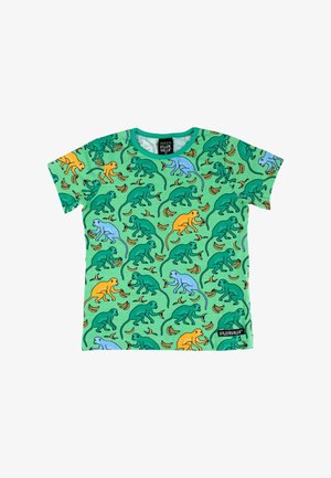 Kurzärmliges grünes T-Shirt mit einem Muster von bunten Affen, die Bananen halten. Hergestellt aus weichem Stoff mit einem runden Ausschnitt.