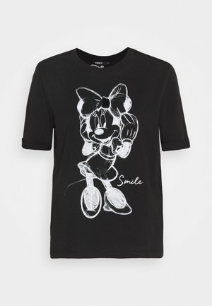 Schwarzes Kurzarm-T-Shirt mit weißer Skizze von Minnie Maus mit Schleife, winkend, und dem Wort „Smile“ neben ihr gedruckt.