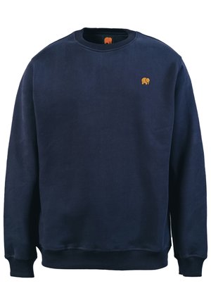 Marineblaue Rundhalsausschnitt-Sweatshirt aus Baumwolle mit gerippten Bündchen und Saum. Verfügt über ein gesticktes oranges Elefantenlogo auf der Brust.