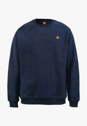 Marineblaue Rundhalsausschnitt-Sweatshirt aus Baumwolle mit gerippten Bündchen und Saum. Verfügt über ein gesticktes oranges Elefantenlogo auf der Brust.