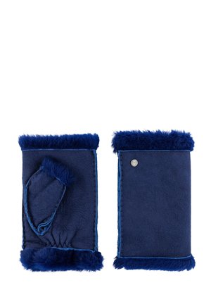 Paar marineblaue Fleece-Handgelenkwärmer mit flauschigem Besatz, einer mit Daumenöffnung und der andere schlicht mit einem kleinen runden Metallknopf.