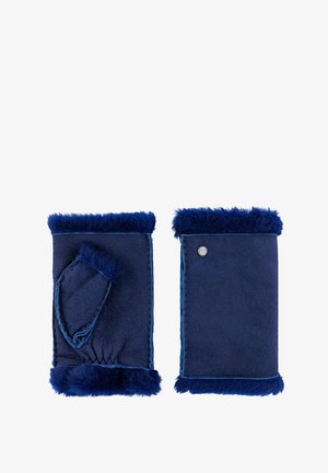 Pair of navy blue fleece wrist warmers with fluffy trim, one showing thumb opening and the other plain with a small round metal button.