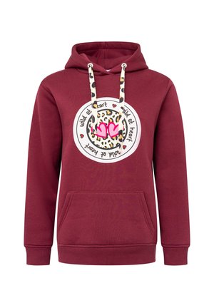 Bordeauxfarbener Hoodie mit einer Fronttasche, der über ein rundes grafisches Design mit Leopardenmuster, Herzen und dem Text "wild at heart" in Schwarz verfügt.