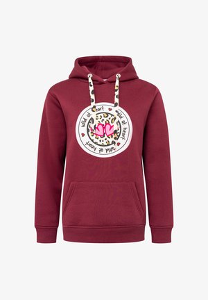Bordowa bluza z kapturem z przednią kieszenią, z okrągłą grafiką z printem lamparta, sercami oraz napisem "wild at heart" w kolorze czarnym.