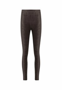 Leggings taille haute de couleur marron foncé, fabriqués en tissu doux et extensible. Ils présentent une texture lisse et un design ajusté, se rétrécissant au niveau des chevilles.