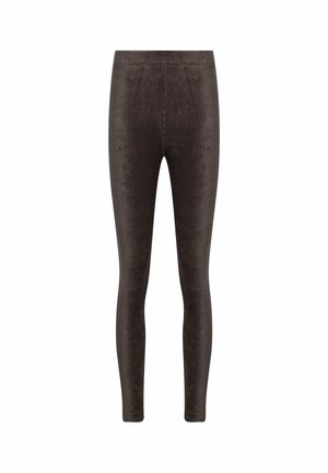 Korkeavyötäröiset legginssit tummanruskeana, valmistettu pehmeästä ja joustavasta kankaasta. Ominaisuuksiin kuuluu sileä pinta ja tiukka muotoilu, joka kapenee nilkoissa.