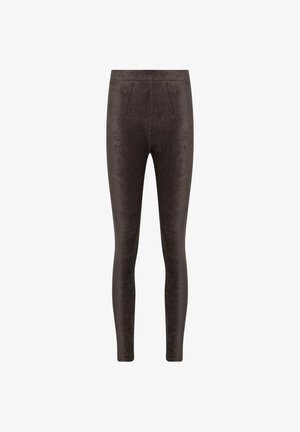 Leggings taille haute de couleur marron foncé, fabriqués en tissu doux et extensible. Ils présentent une texture lisse et un design ajusté, se rétrécissant au niveau des chevilles.