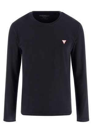 Black long-sleeve shirt made of cotton with a round neckline. Features a small red and white triangular logo on the chest.