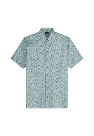 Hellgrünes kurzärmeliges Hemd mit kleinem Blumenmuster in Blau, Weiß und Orange, mit klassischem Kragen.