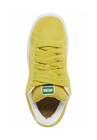Kollane nubukist tennisejalanõud ümarate varvaste, lame paelte, mustrilise sisetalla ja valge kummist tallaga. Omab rohelise logo sildi keelet.