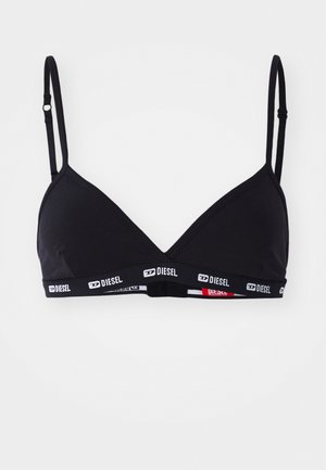Bralette triangle noir avec des bretelles ajustables fines et une bande élastique arborant le logo Diesel en accents blancs et rouges.