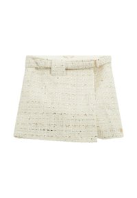 Mini sukně z tkaného materiálu v off-white barvě s texturovaným povrchem. Disponuje širokým poutkem na opasek a skrytým zapínáním vpředu.