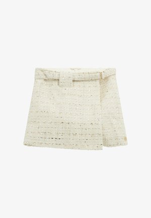 Tweed mini rok in crèmekleur met een gestructureerde afwerking. Voorzien van een brede riemlus en een verborgen sluiting aan de voorkant.
